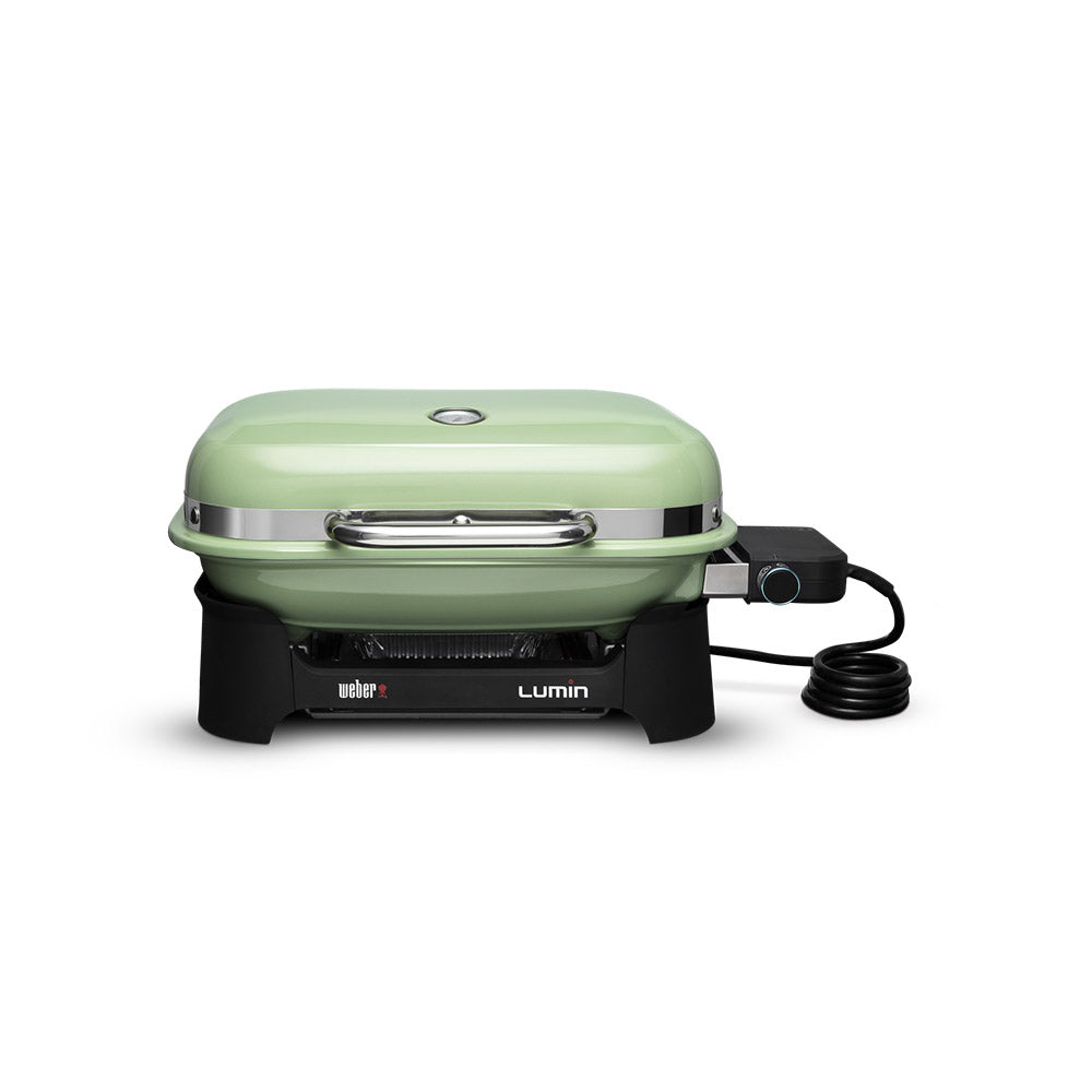 Weber Lumin portable electric grill, seafoam green lid with front handle and control knob