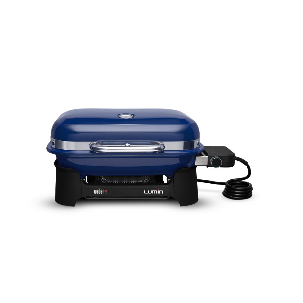 Weber Lumin portable electric grill, deep ocean blue lid with front handle and control knob