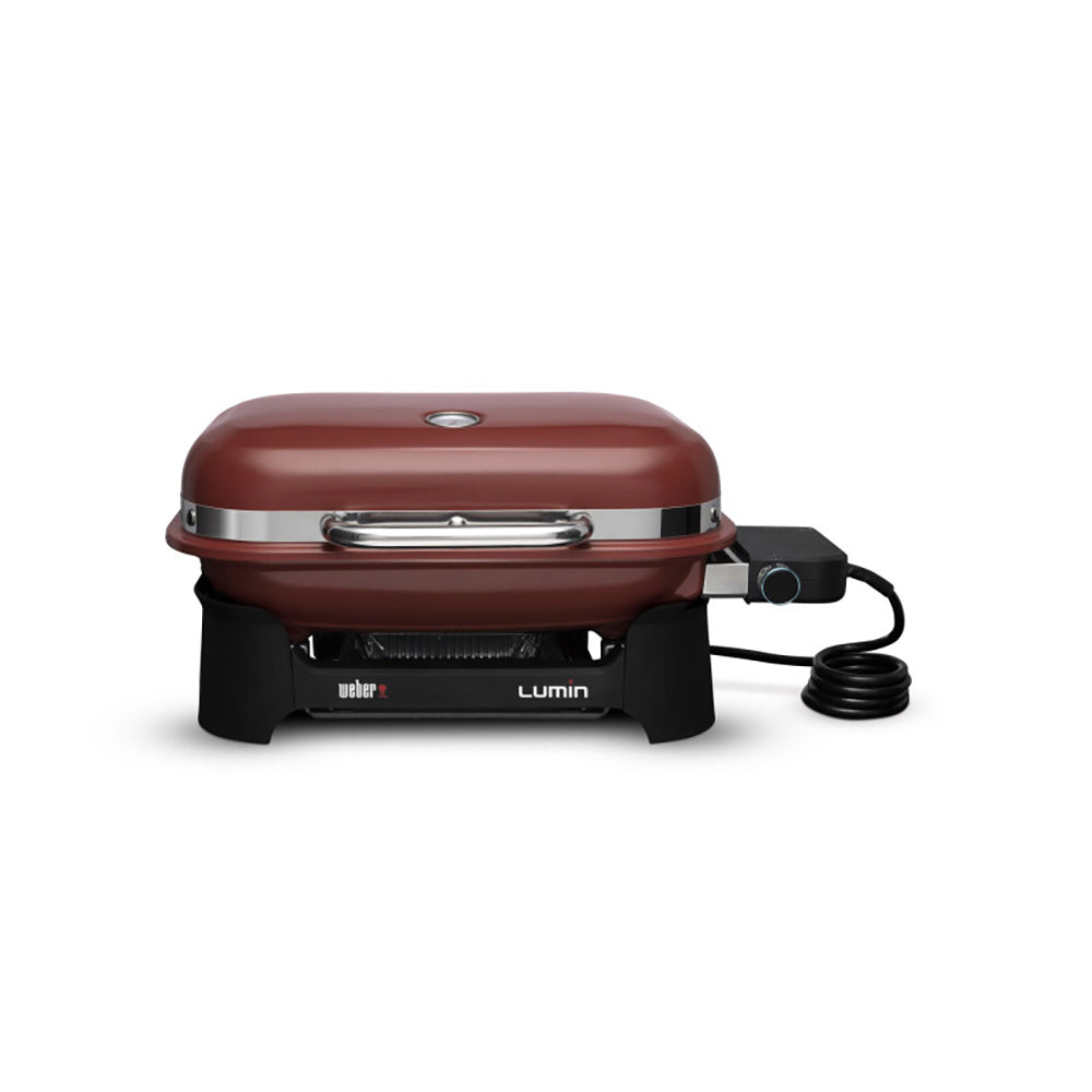 Weber Lumin portable electric grill, crimson red lid with front handle and control knob