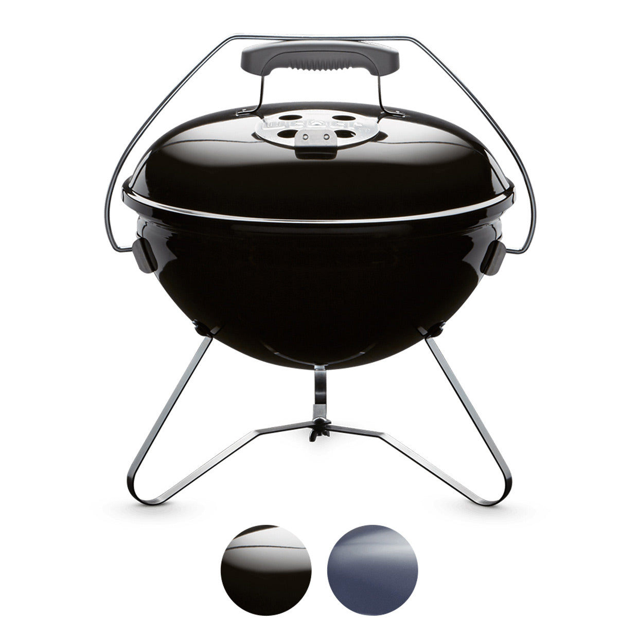 14-inch portable charcoal grill with dome lid and tripod legs, black finish.