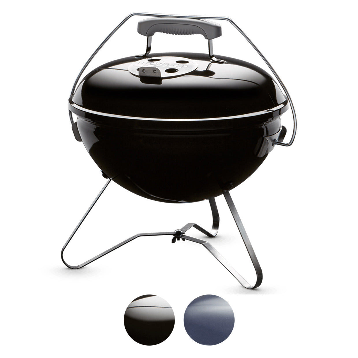 14-inch portable charcoal grill with dome lid and swing side handles, slate blue body.