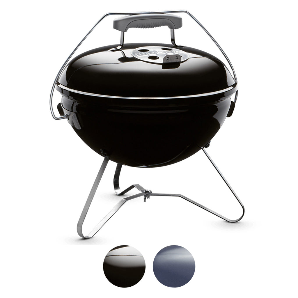 14-inch portable charcoal grill with glossy dome lid and angled tripod stand, black.