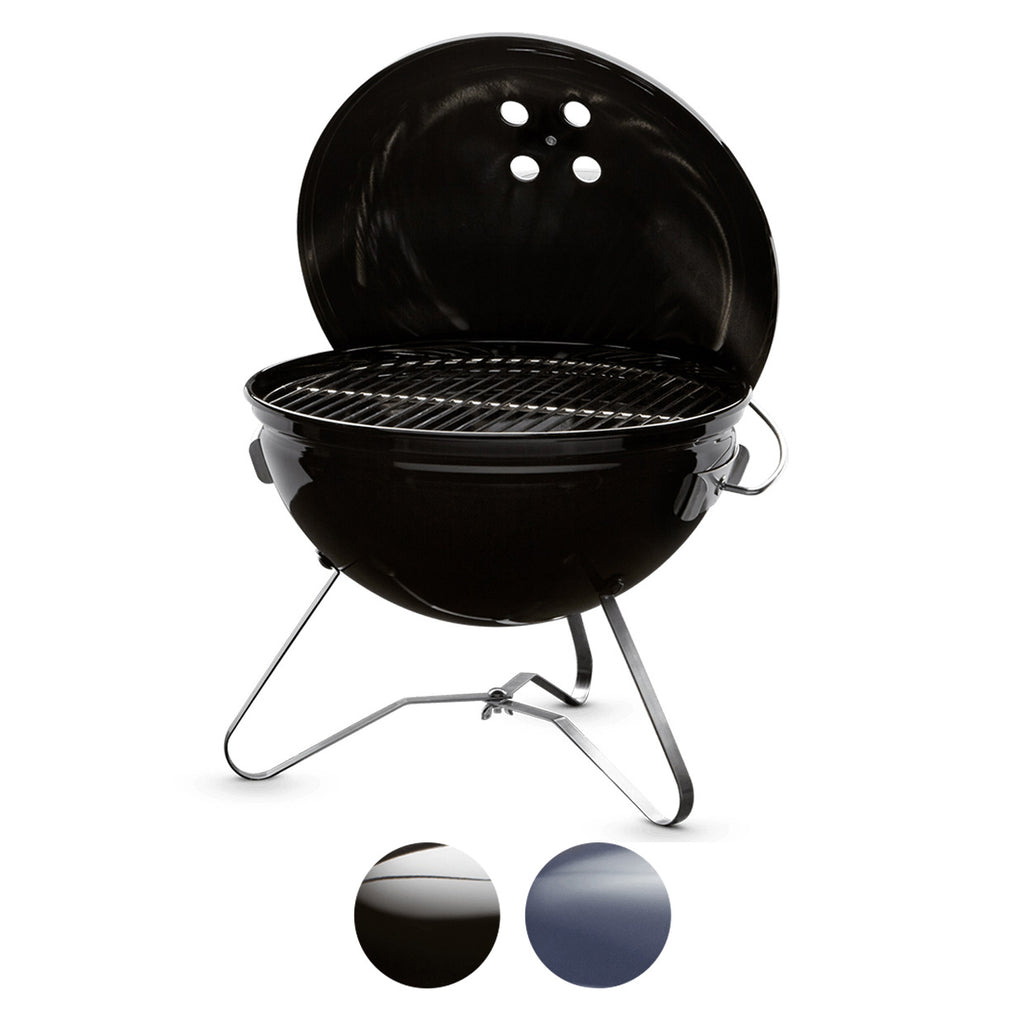 Open 14-inch charcoal grill with cooking grate inside, dome lid raised, black.