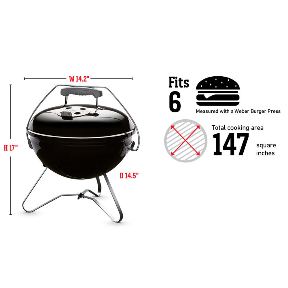Compact 14-inch charcoal grill with dome lid, side handles, and tripod stand.