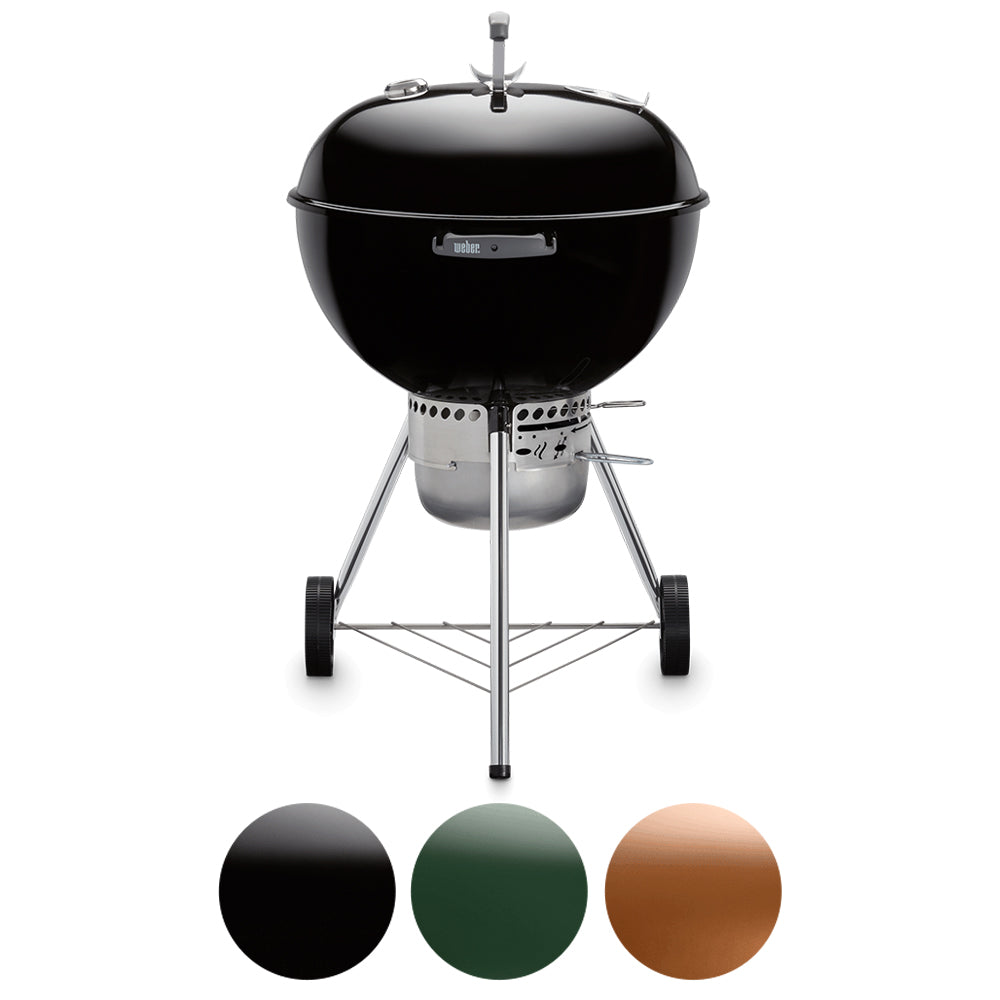 Charcoal kettle grill with black lid, chrome legs, and two front wheels
