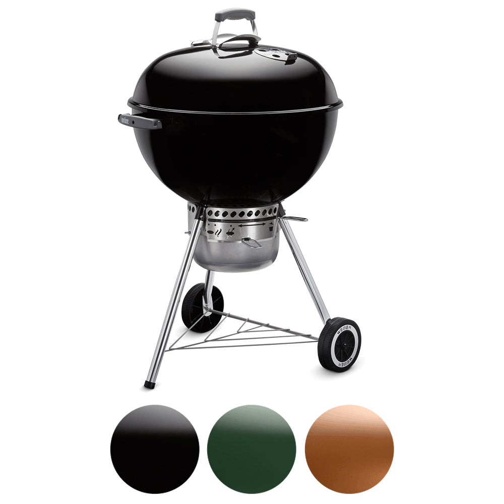 Charcoal kettle grill with black lid and cart stand, front shelf and wheels