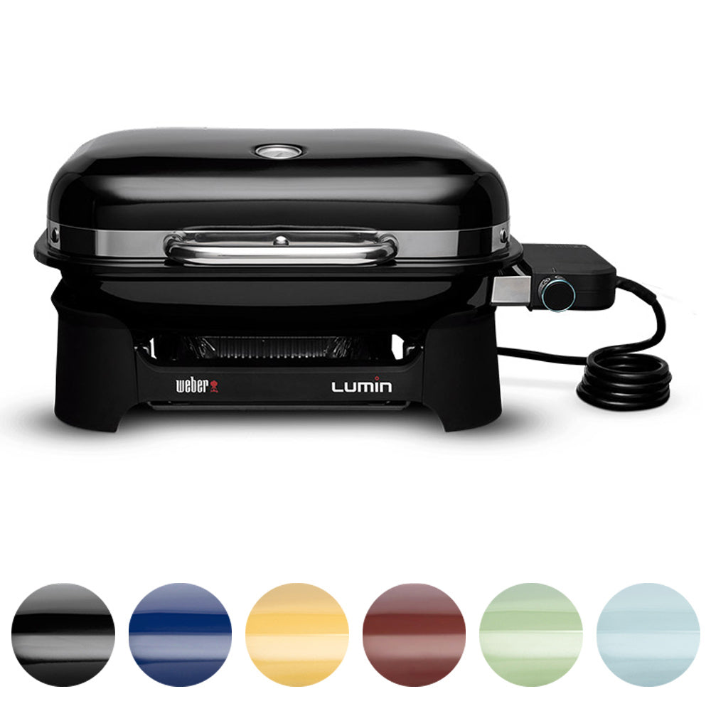 Compact portable electric grill with black lid, base, and front control panel