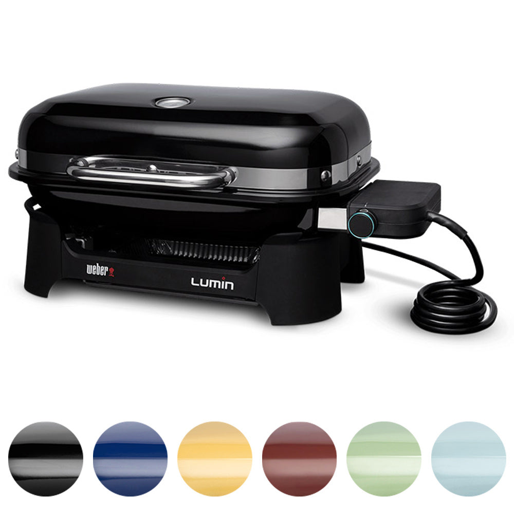 Compact portable electric grill with black body, lid handle, and side control