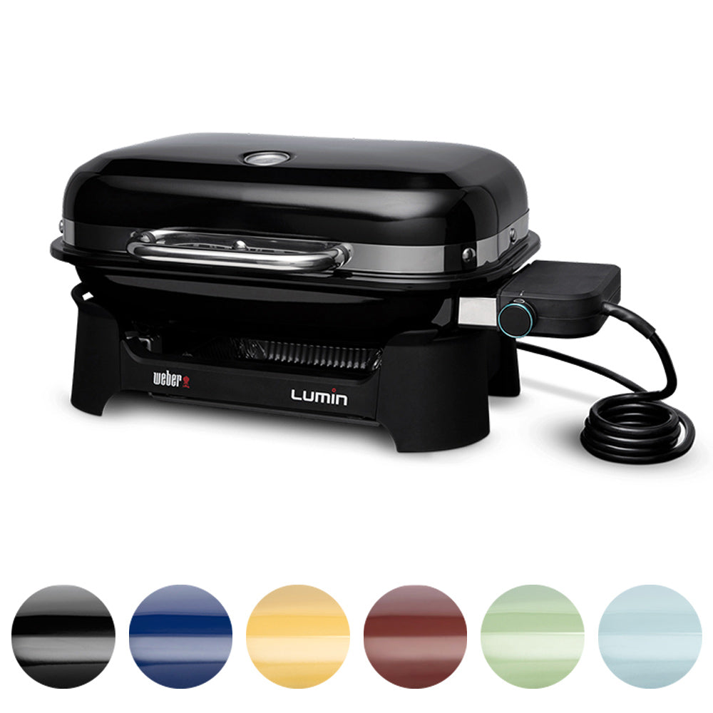 Weber Lumin portable electric grill in black with lid, knob control, and cord.