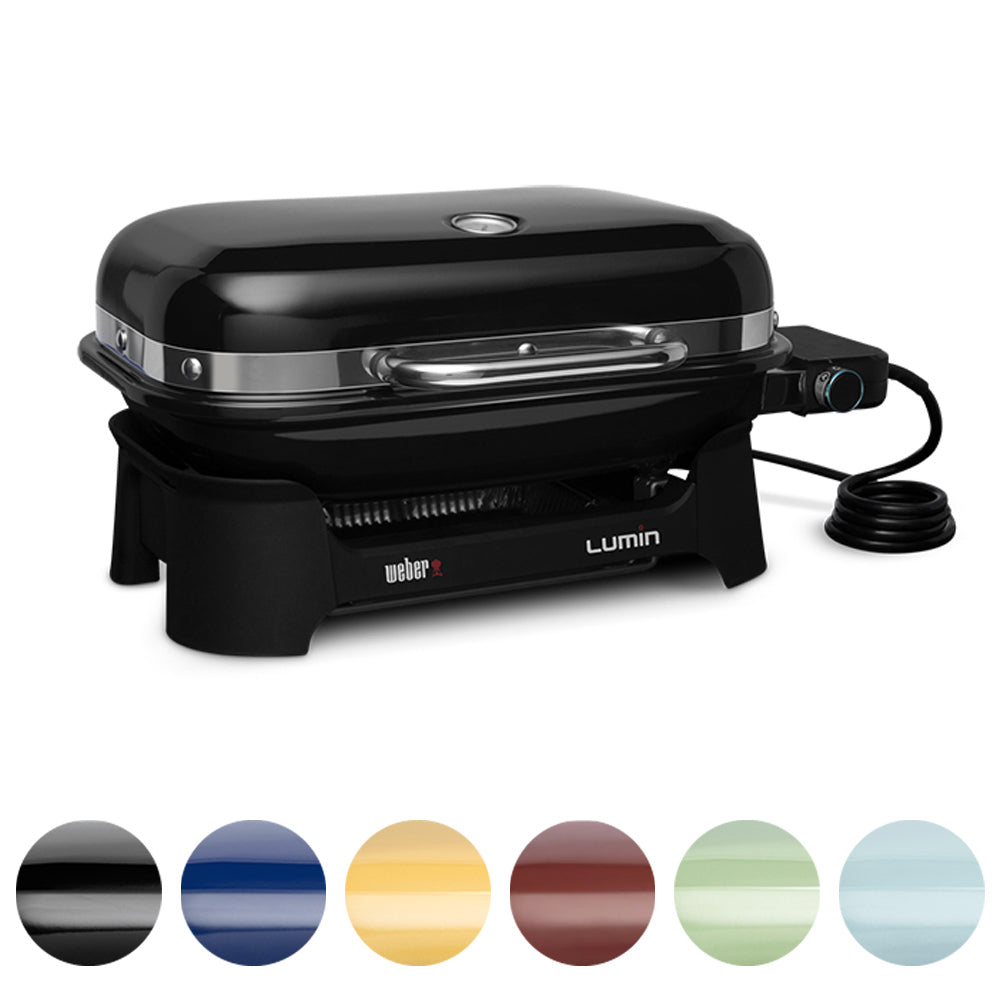 Weber Lumin portable electric grill in black with side control knob and cord.