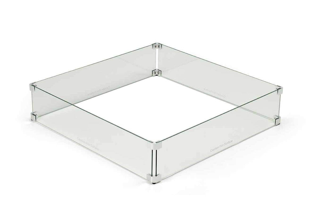 Square glass wind guard panel with metal corner supports for fire pit, clear glass