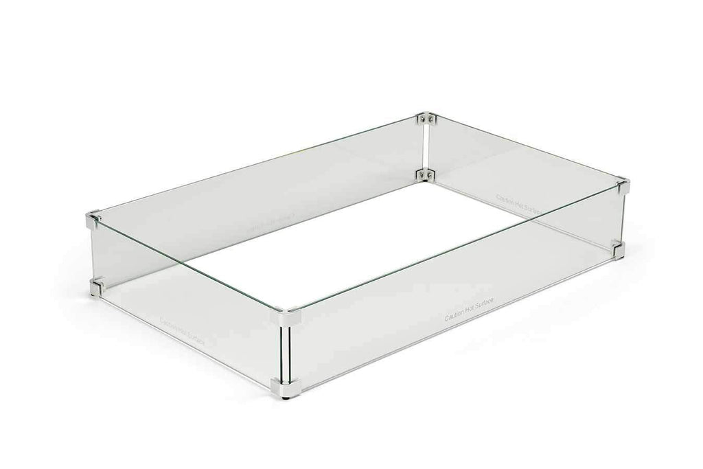 Rectangle glass fire pit wind guard with clear panels and metal corner supports