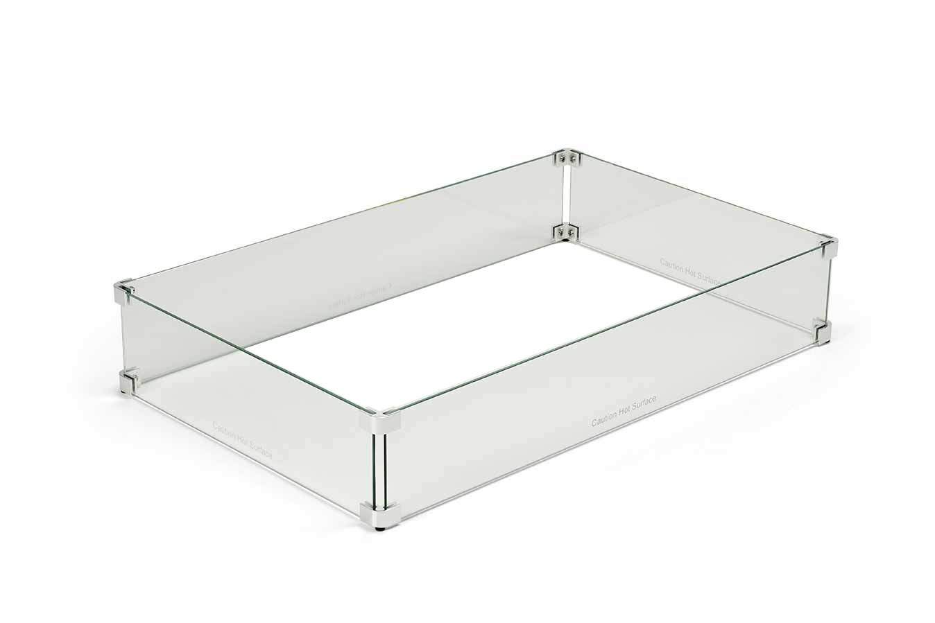 Rectangular glass fire pit wind guard with corner posts, clear panel