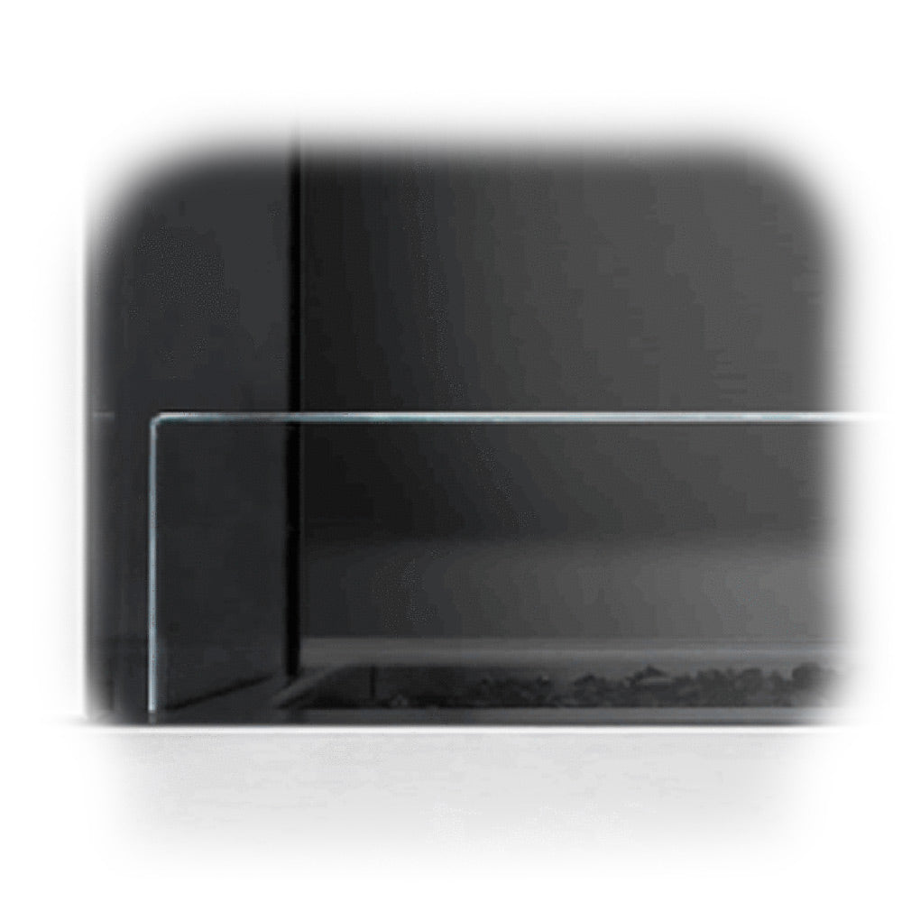 Glass wind guard panel with dark tinted glass and metal frame for outdoor linear fireplace