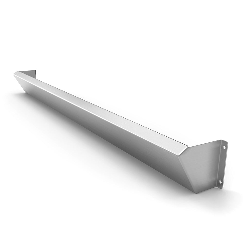 Gas grill wind guard in gray metal with end bracket and mounting holes
