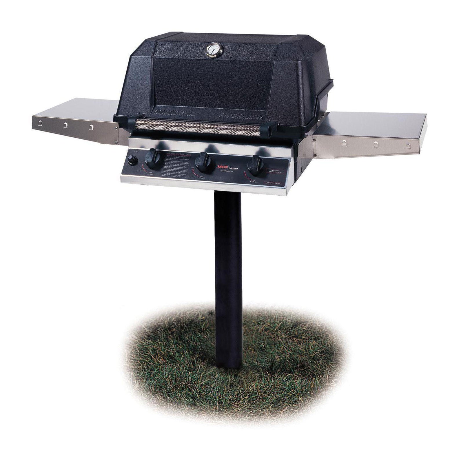 27-inch hybrid gas grill with hood and side shelf, black