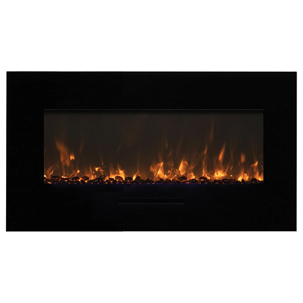 Black glass-front wall-mount electric fireplace with flame effect and log bed