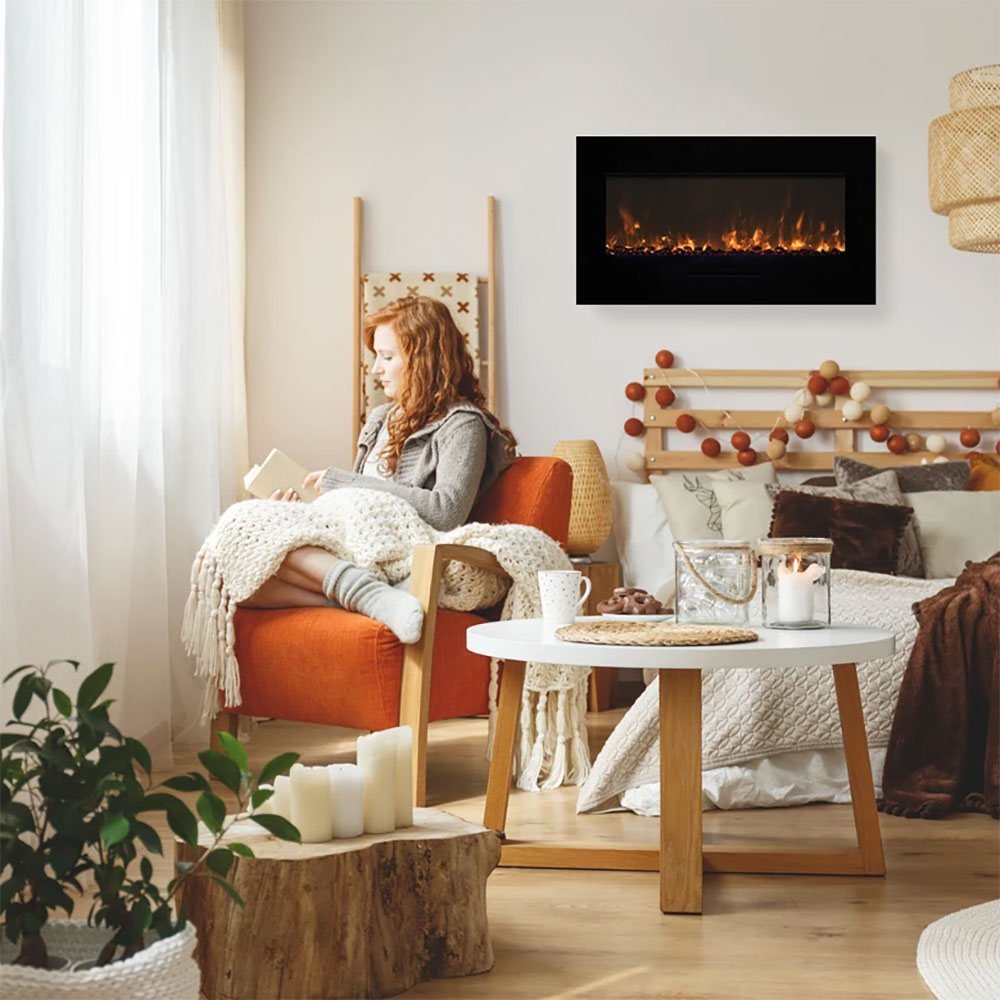 Black glass-front electric fireplace wall mount with glowing logs and flame effect