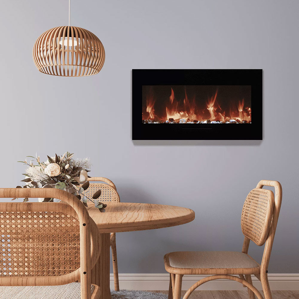 Black glass-front electric fireplace with ember and flame effect, wall mounted