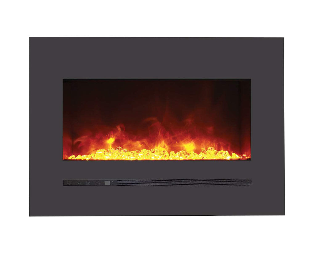 Wall-mounted electric fireplace with dark steel surround and bright flame bed