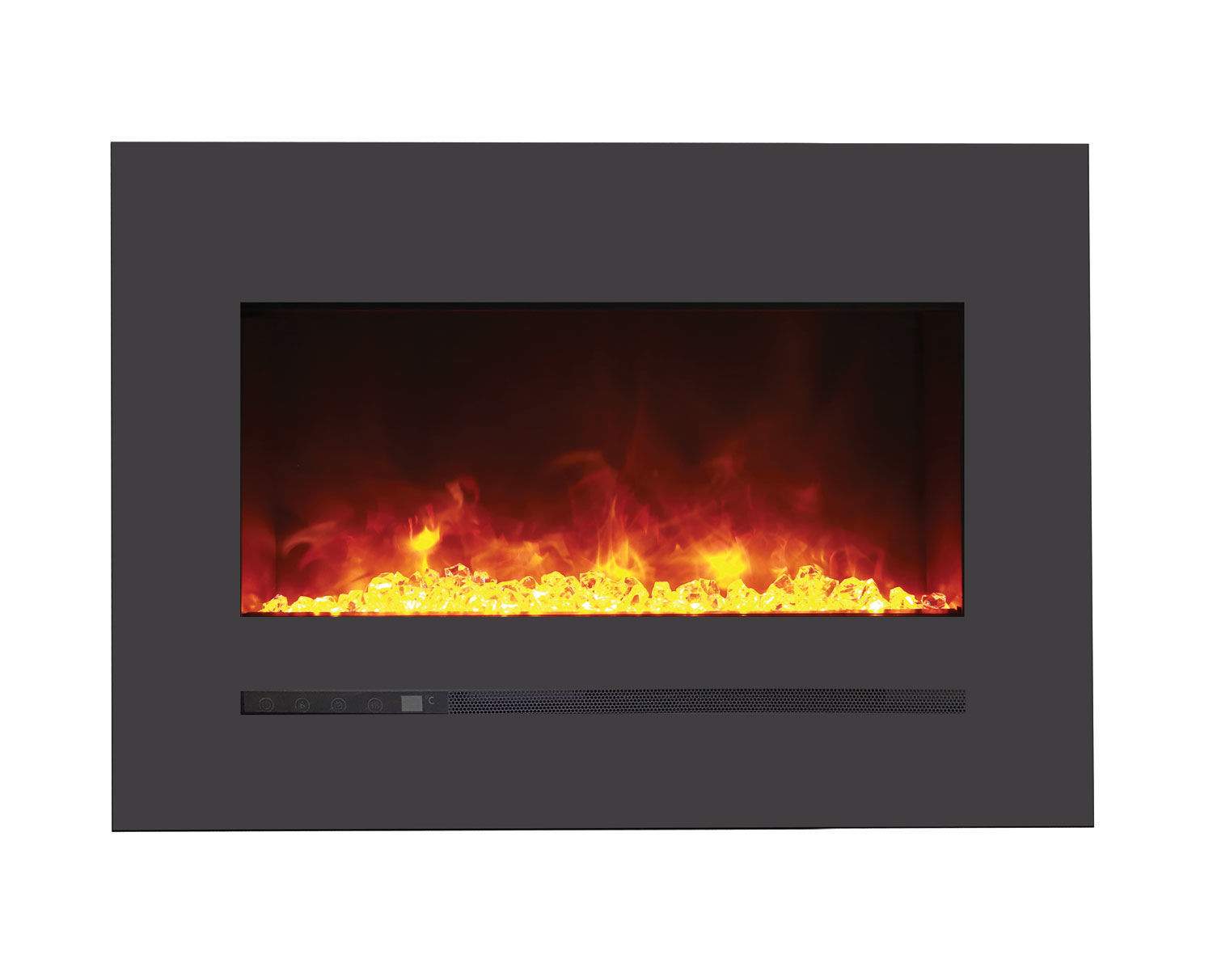 Wall-mounted electric fireplace with dark steel surround and bright flame bed