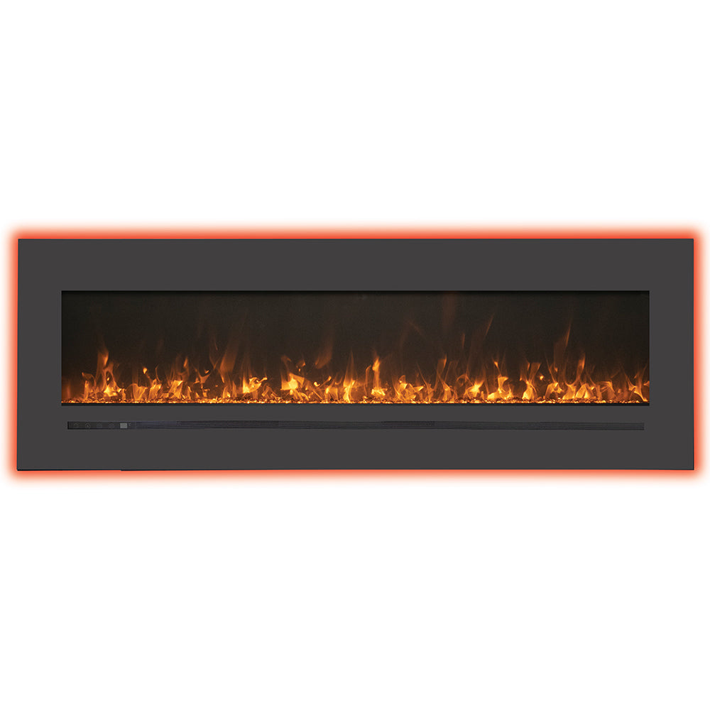 Wall-mounted electric fireplace with dark steel surround and burning flame window