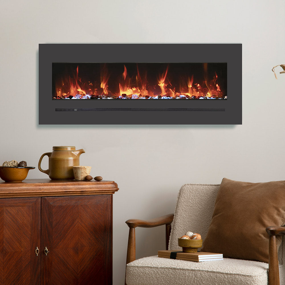 Wall-mounted electric fireplace with steel surround and flickering flame interior