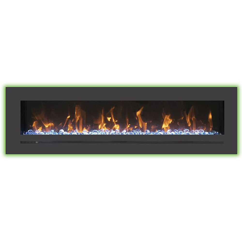 Wall-mounted electric fireplace with dark steel surround and blue-tipped flames