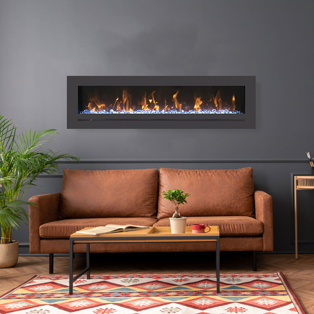 Wall-mounted electric fireplace with steel surround above sofa and glowing flames