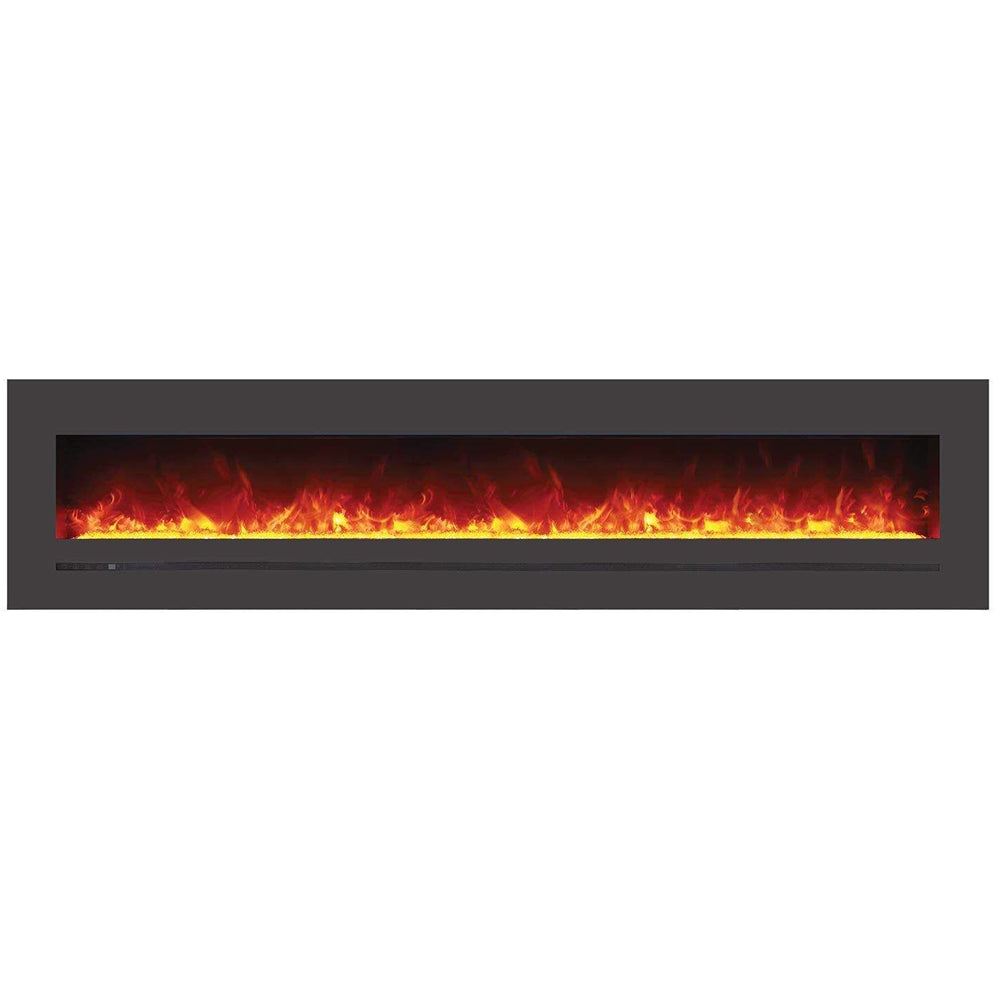 Electric fireplace with steel surround and glowing flame display in dark frame