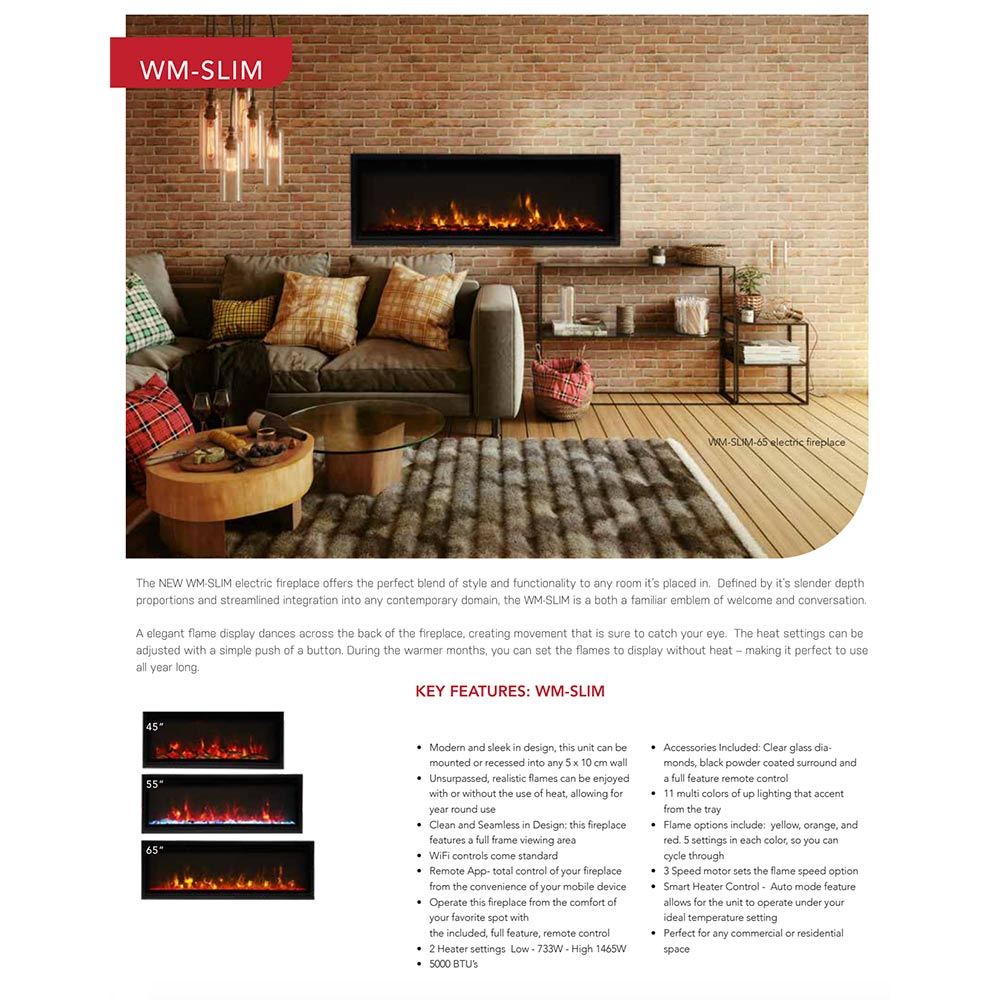 Remii Extra Slim Smart Indoor Wall Mount Electric Fireplace with Black Steel Surround, 65-Inch