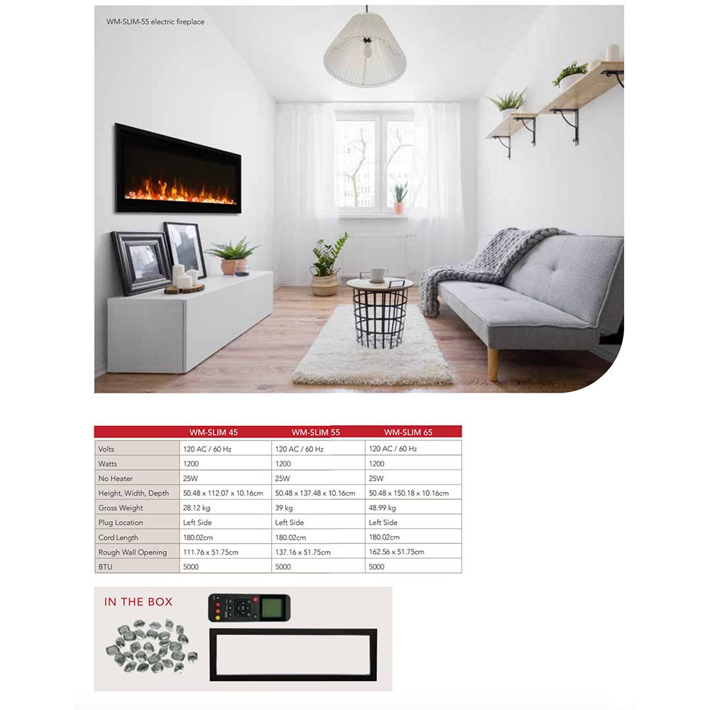 Remii Extra Slim Smart Indoor Wall Mount Electric Fireplace with Black Steel Surround, 65-Inch