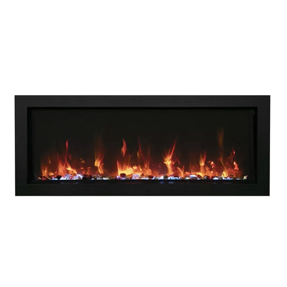 Wall-mounted electric fireplace with black frame and red-orange flame display