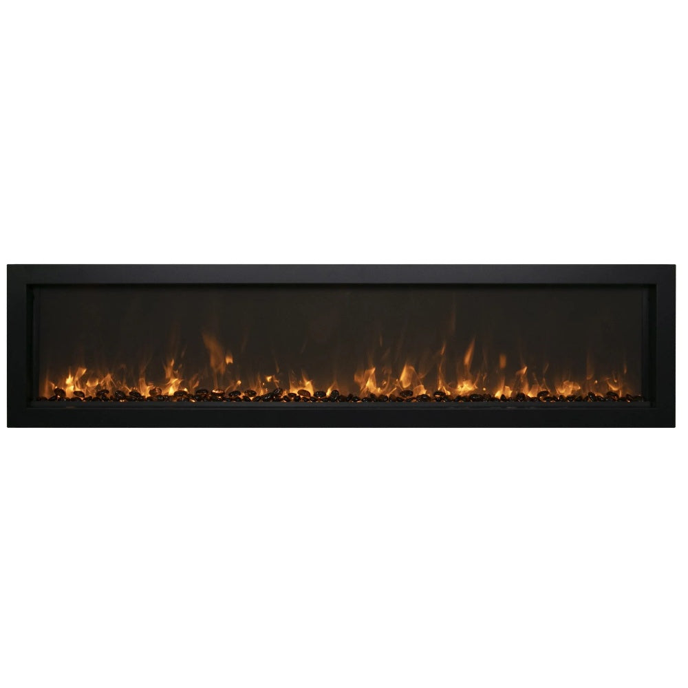 Wall-mounted electric fireplace with black trim and glowing ember flame panel