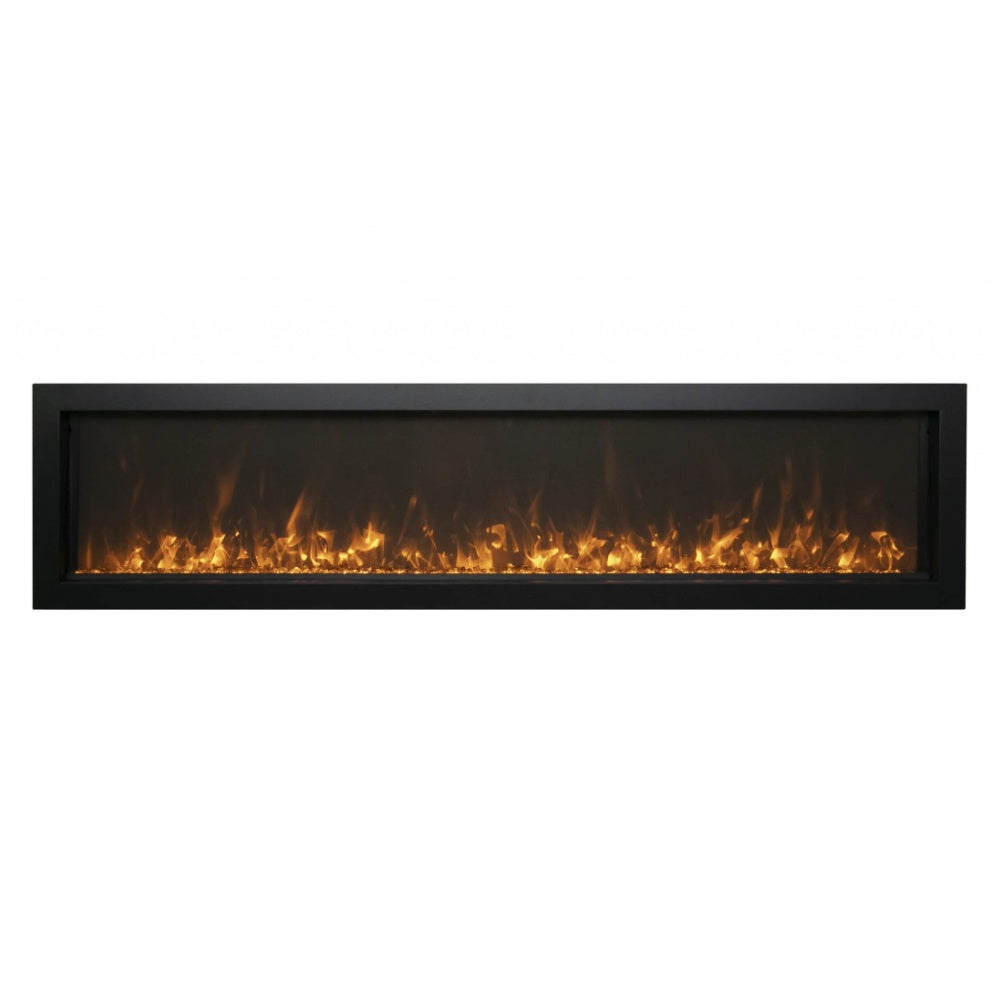 Slim wall-mounted electric fireplace with black trim and ember flame panel