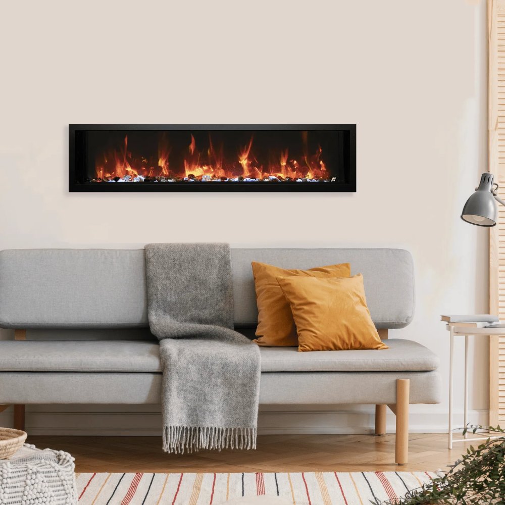 Wall-mounted electric fireplace with black frame and flame window