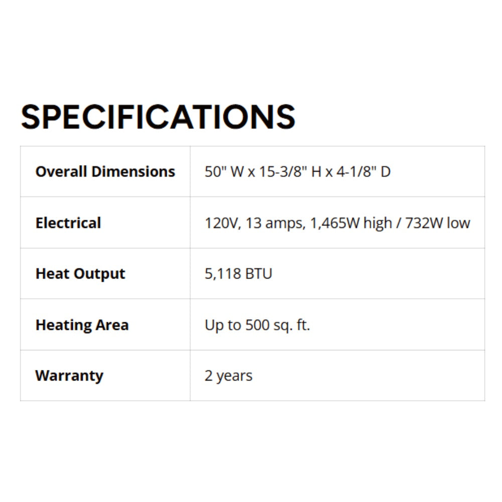 Specifications chart for electric fireplace with dimensions, voltage, and heat output