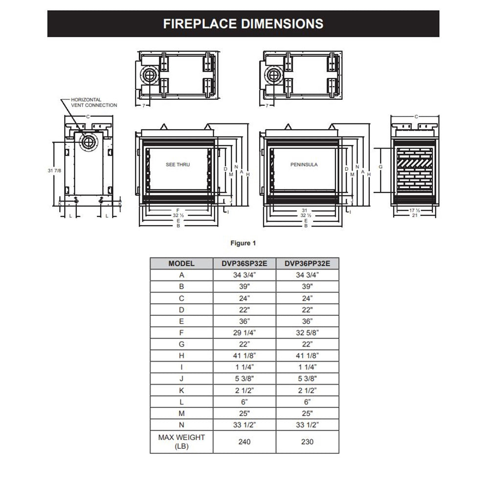 Direct-vent fireplace dimension diagram with labeled views and model measurements