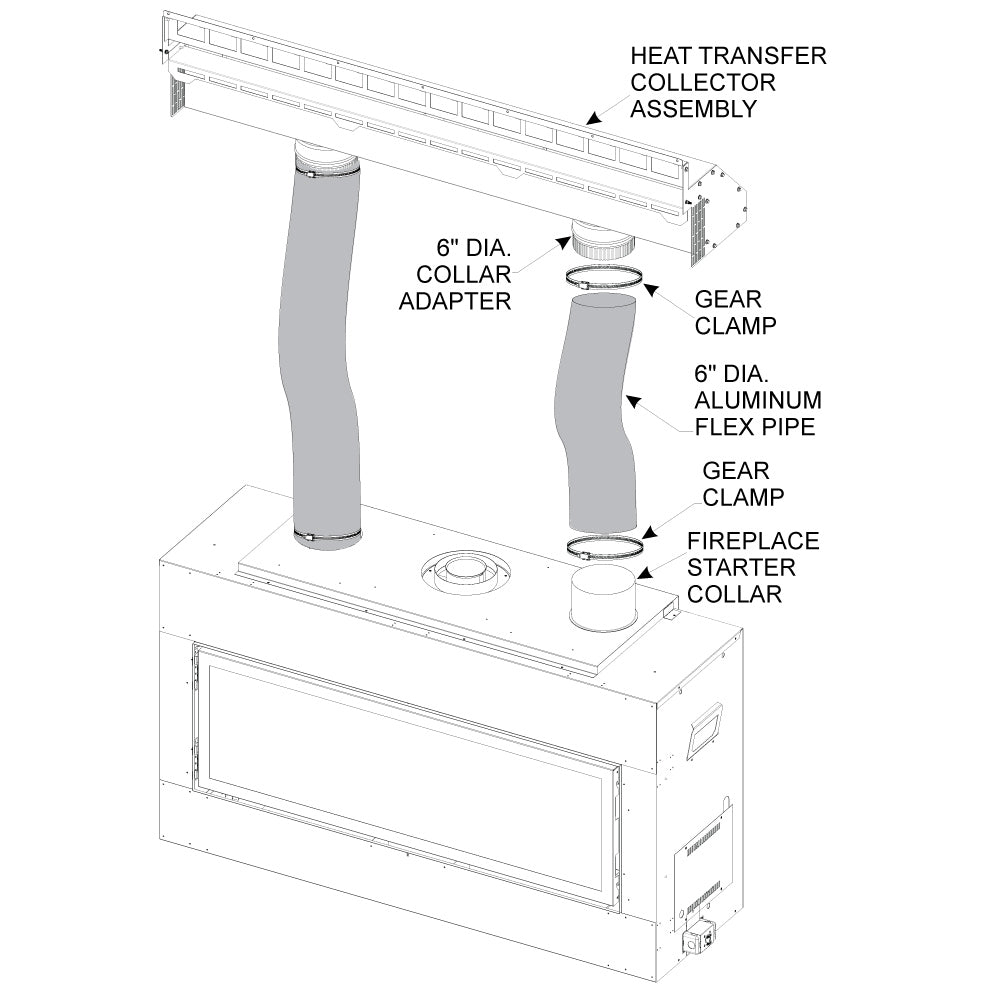 Heat transfer collector assembly with 6 in. aluminum flex pipe, gear clamps, starter collar
