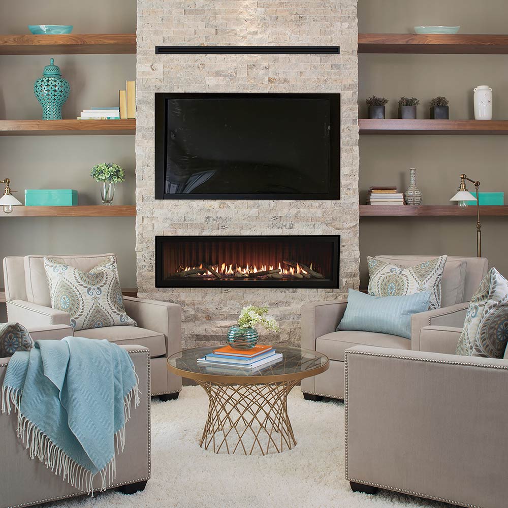 Fireplace with black flue pipe and open firebox