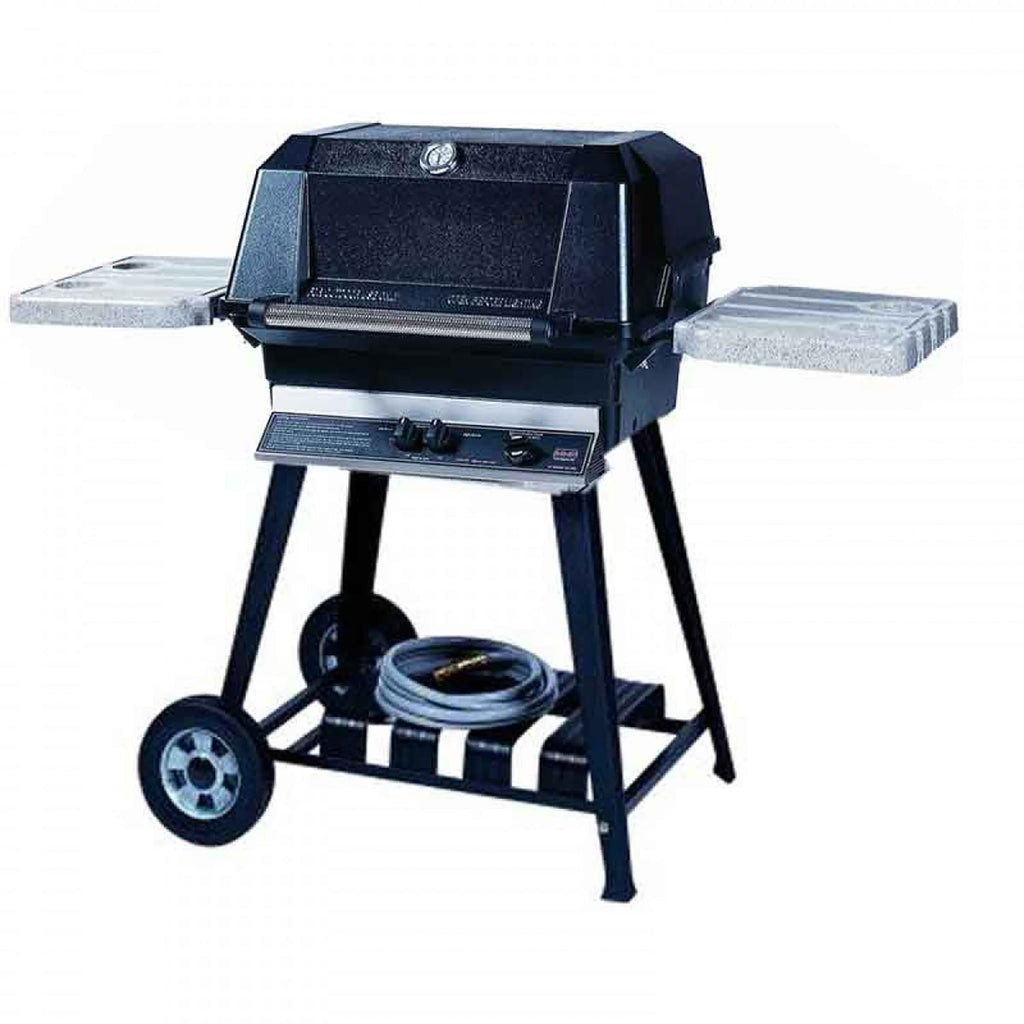 Black gas grill on cart with lid and side shelves