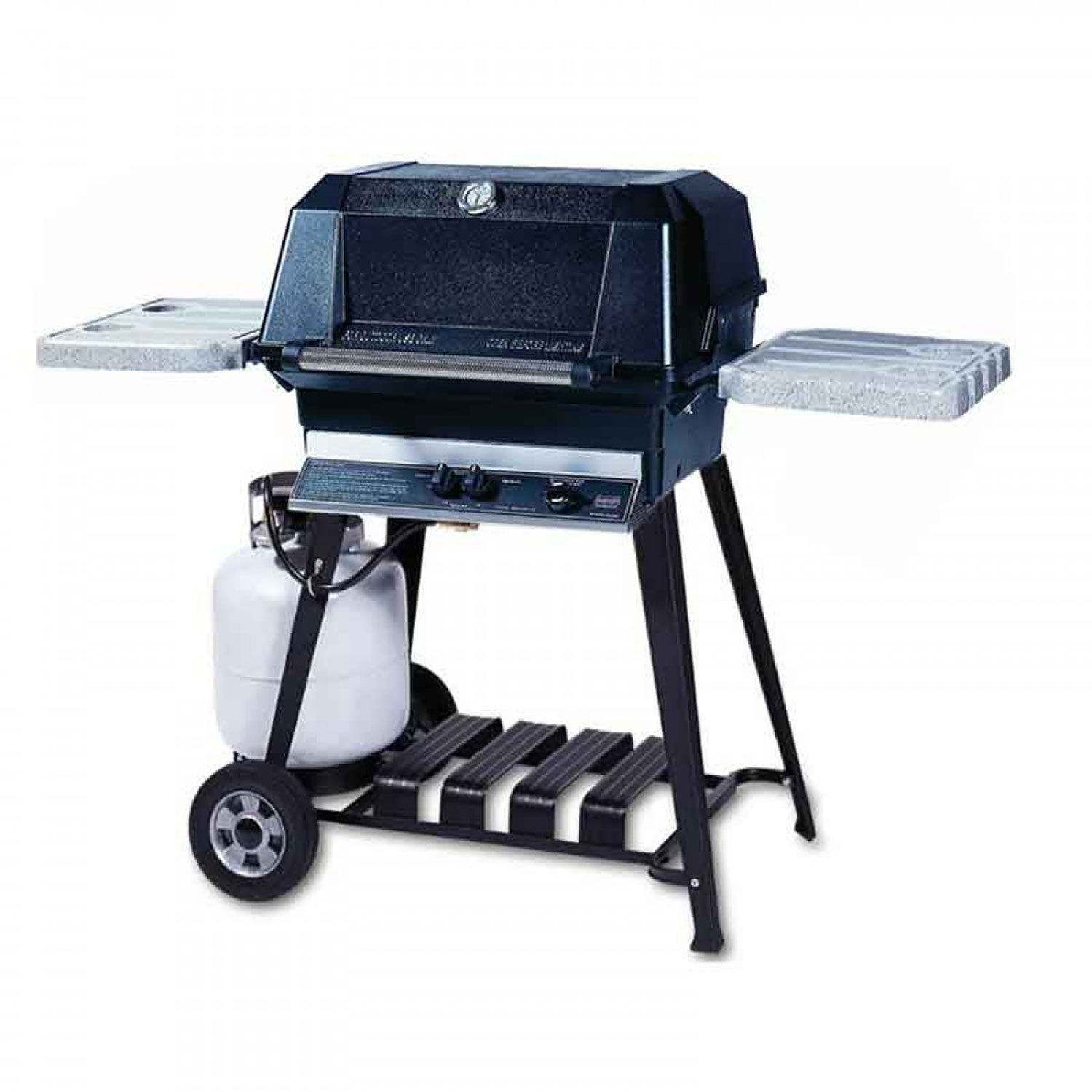 27-inch hybrid gas grill on cart with propane tank and front wheel base