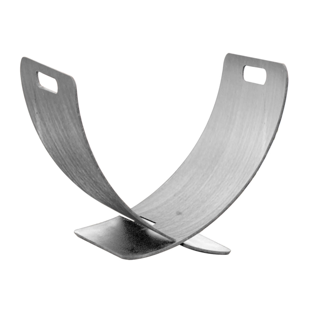 Stainless steel log rack with curved wing-style arms and two cutout slots