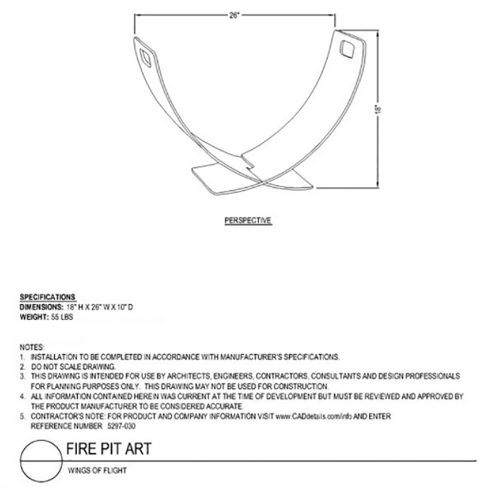 Fire pit art log rack technical drawing with wings of flight outline and dimensions