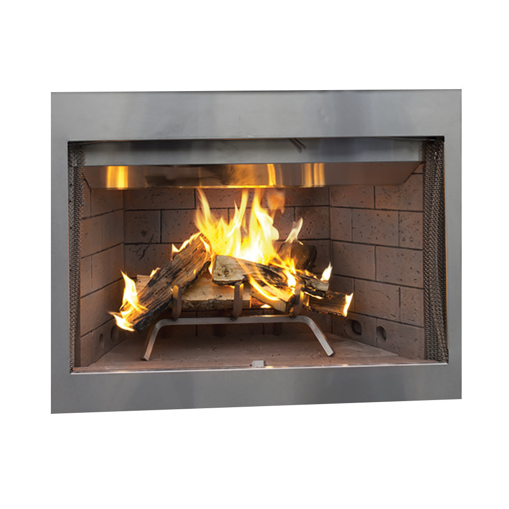 Outdoor wood burning fireplace with lit firebox and stone tile interior