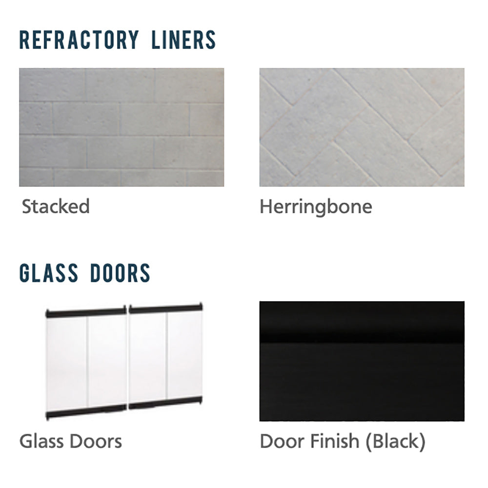 Refractory liner options—stacked or herringbone—plus glass door (black) panels