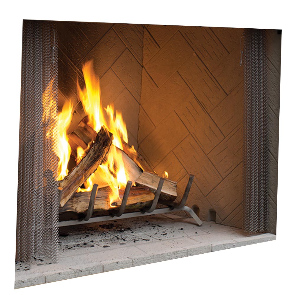 Outdoor wood-burning fireplace firebox with stacked logs and metal mesh side panels