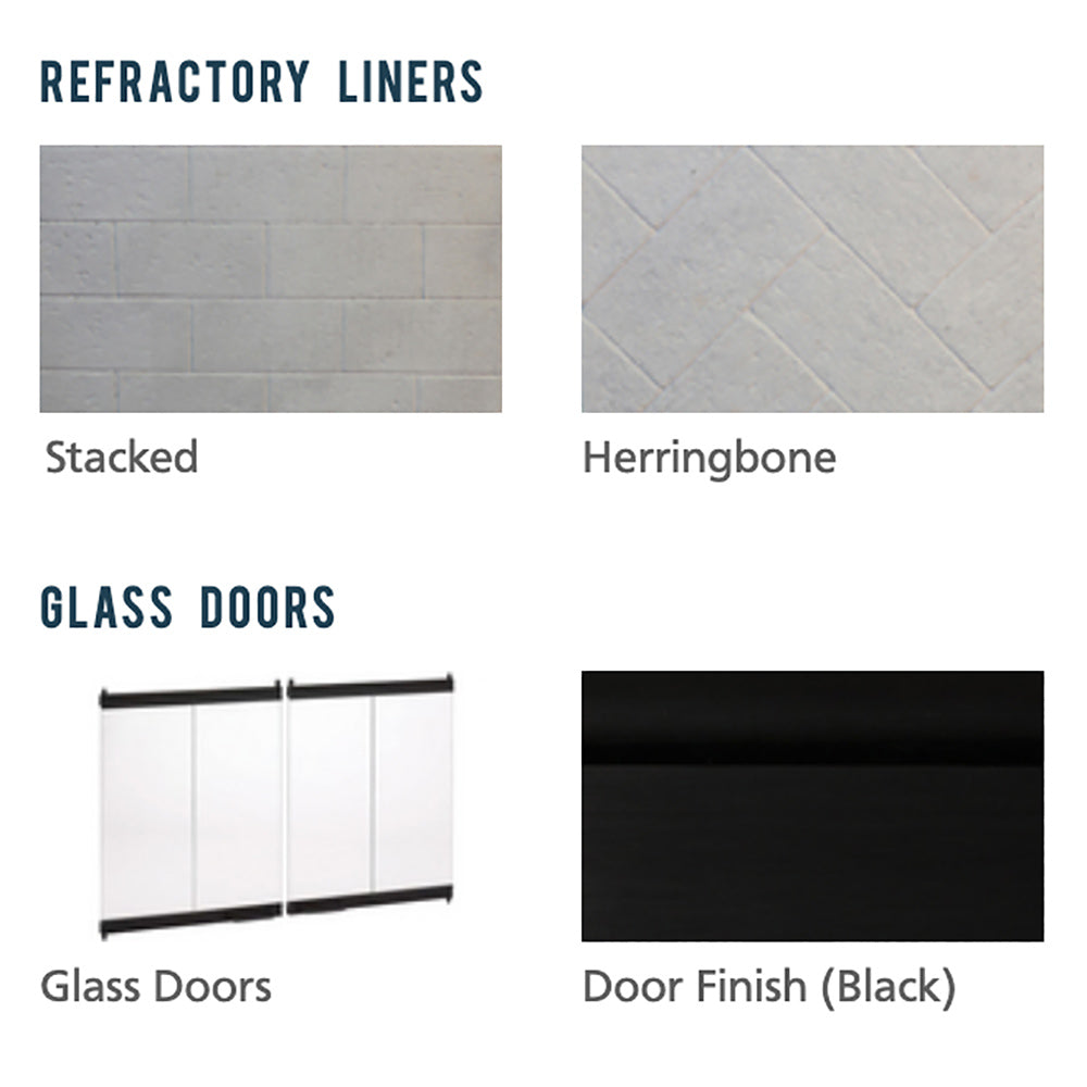 Refractory liner panels and glass doors options for wood-burning fireplace
