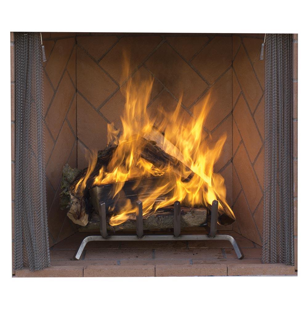 Outdoor wood-burning fireplace with burning logs and mosaic tile firebox back panel