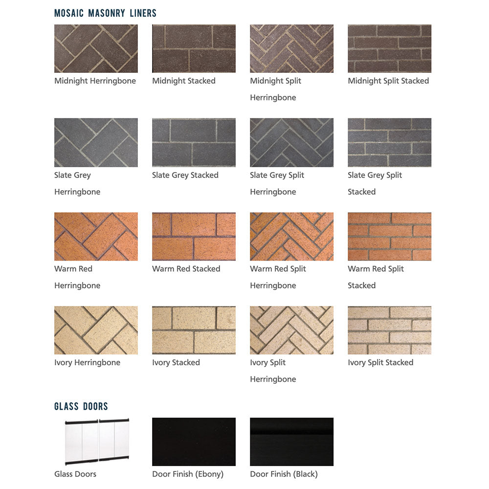 Masonry liner and glass door finish swatch chart with pattern and color samples